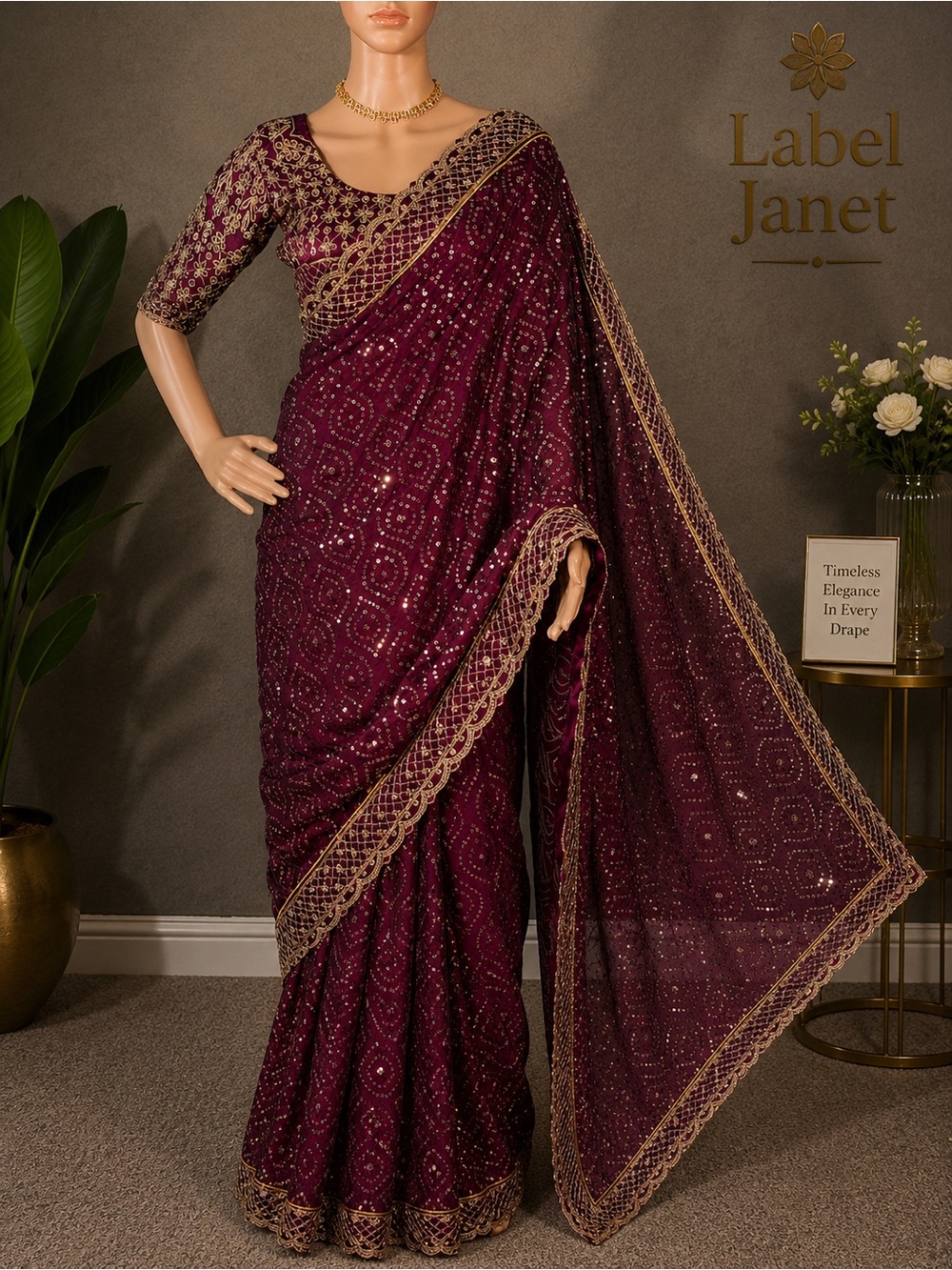 Embellished Maroon Saree with stitched blouse (36” - 42”)& Brand new